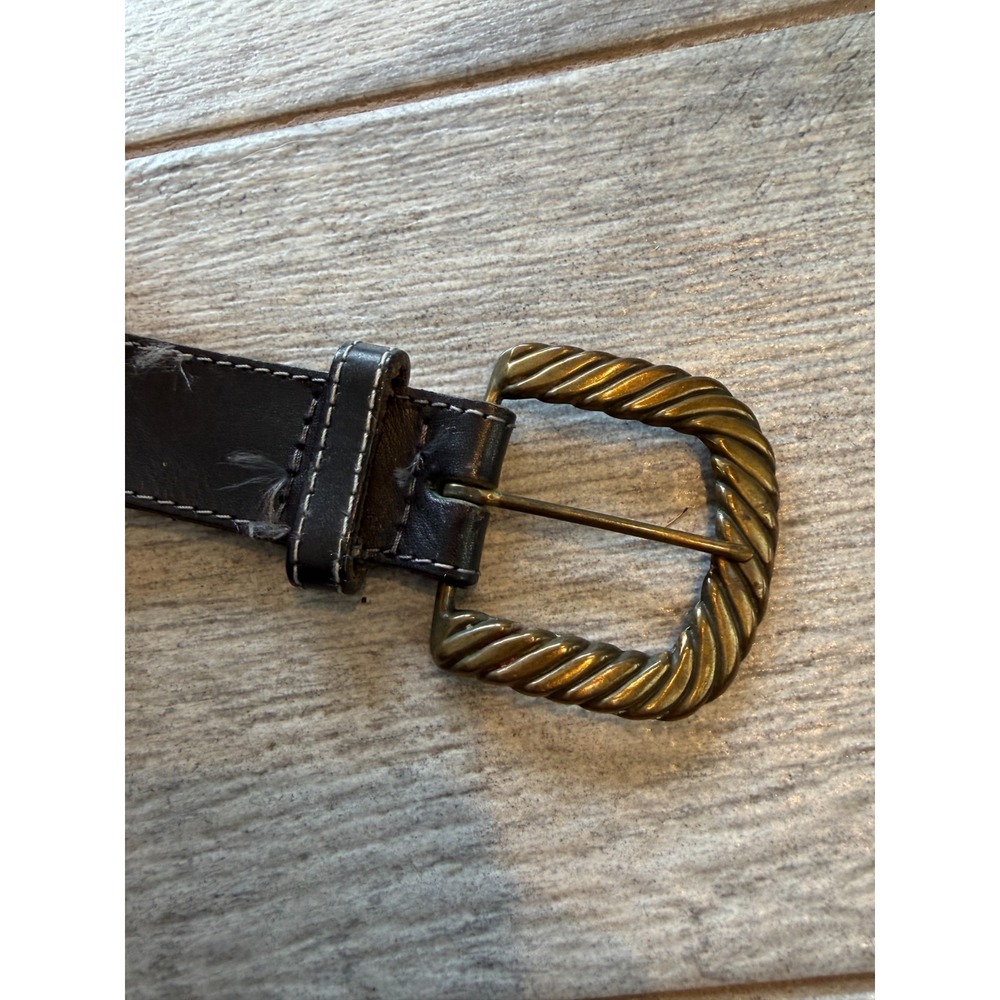 Genuine Leather Belt Black size Medium‎ USA Twisted Buckle Brasstone Vtg Western